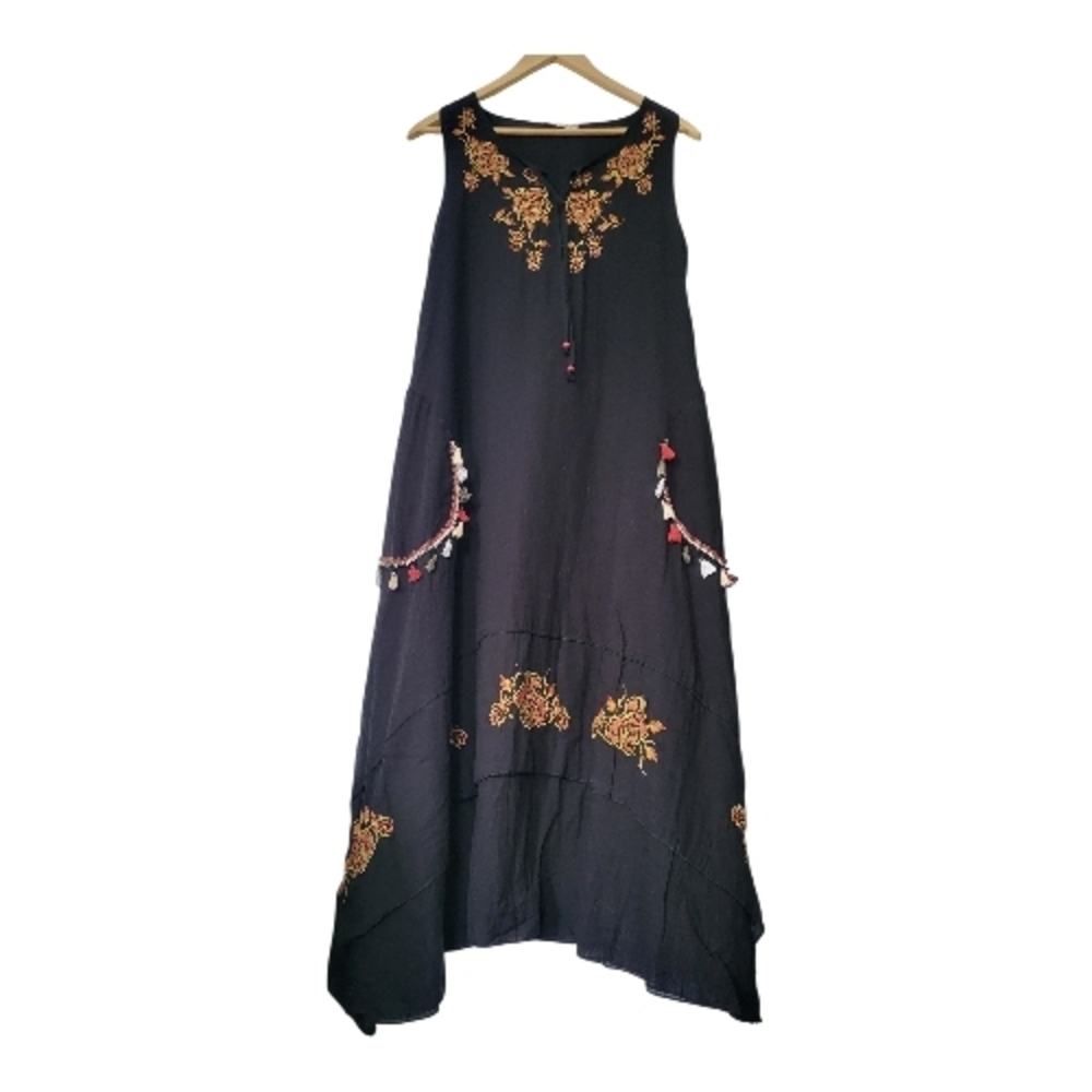 Boho Black Maxi Dress with Gold Floral Embroidery .Hand Looms Cotton Fabric